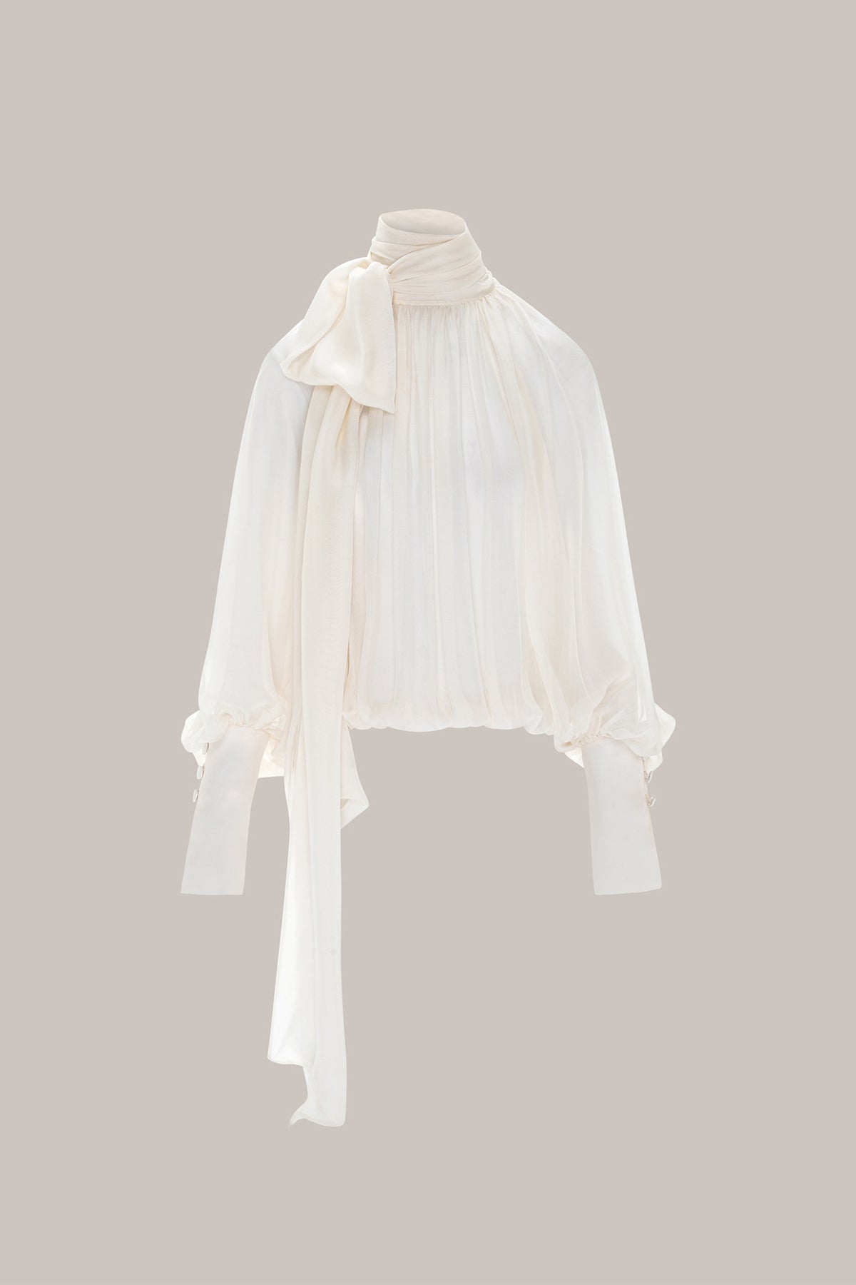 Her Gathered Bow Neck Off White Blouse