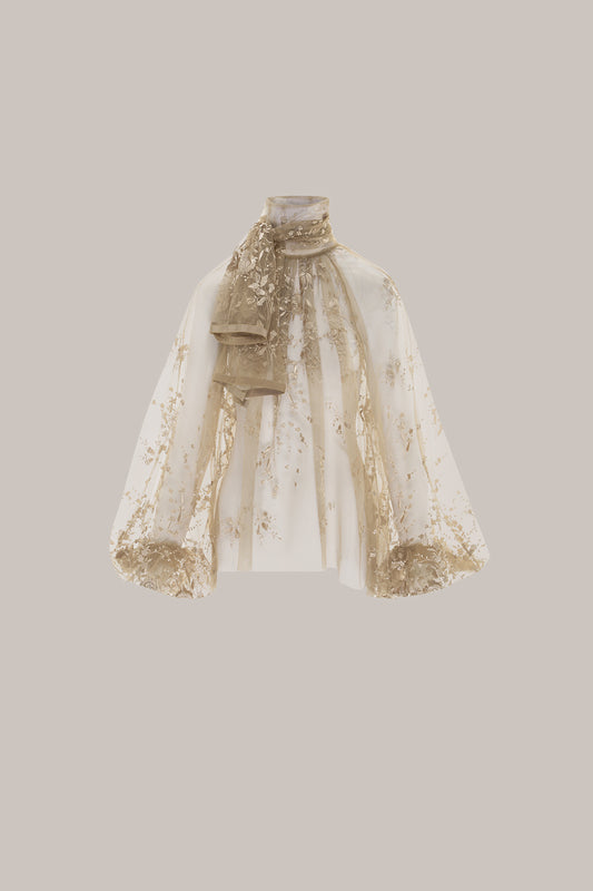 Her Embellished Beige Bow-Neck Blouse