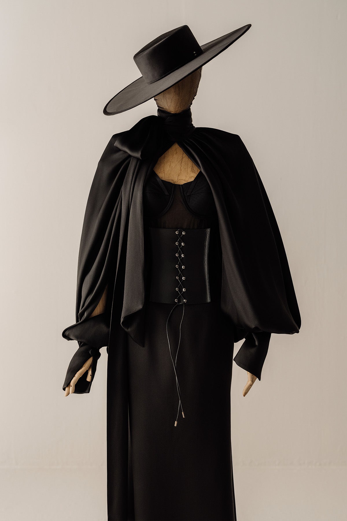 Her Black Satin Wide-Brim Hat