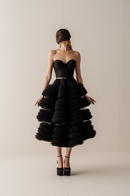 Her Evening Ruched Tulle Black Dress