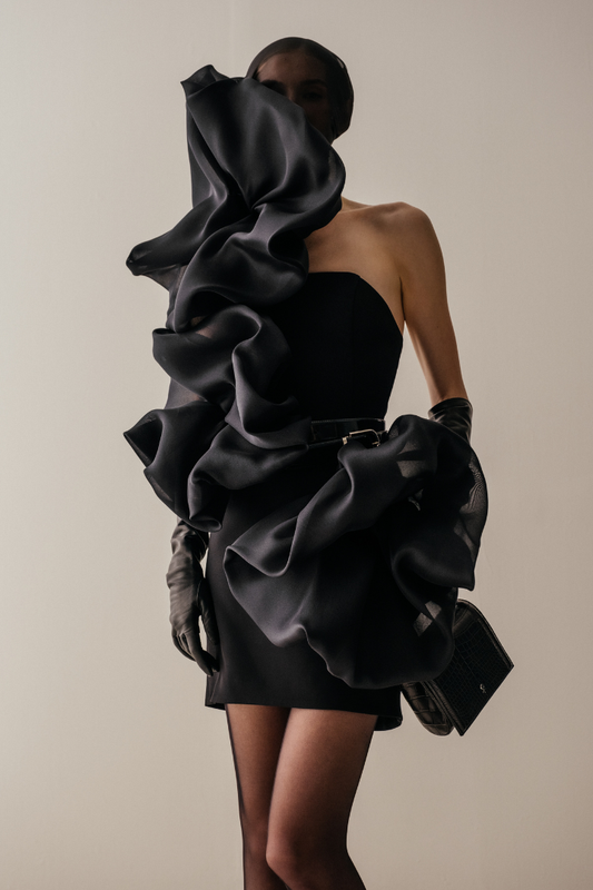 Her Flower Applique Mini Black Dress