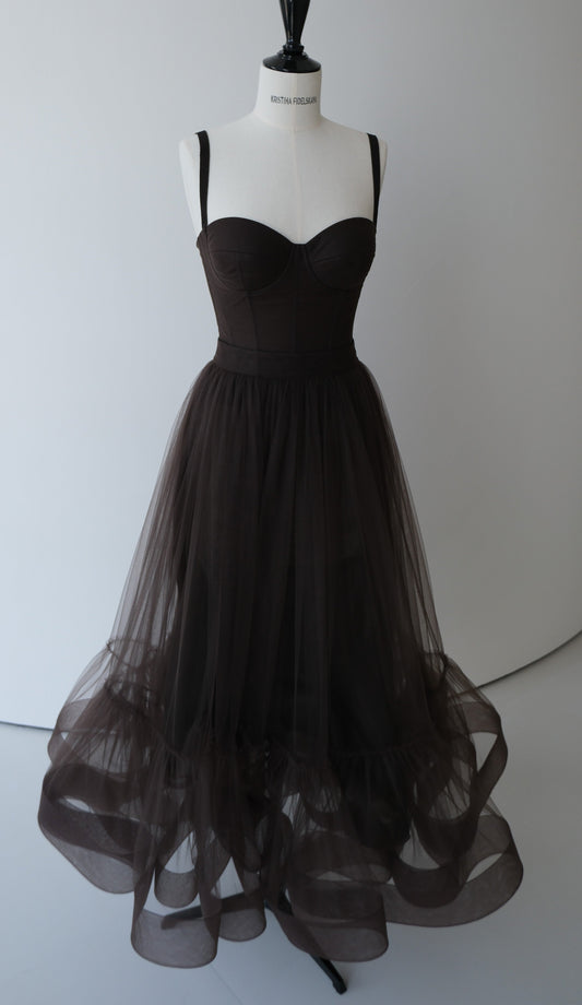 Her Evening Gathered Tulle Midi Brown Skirt