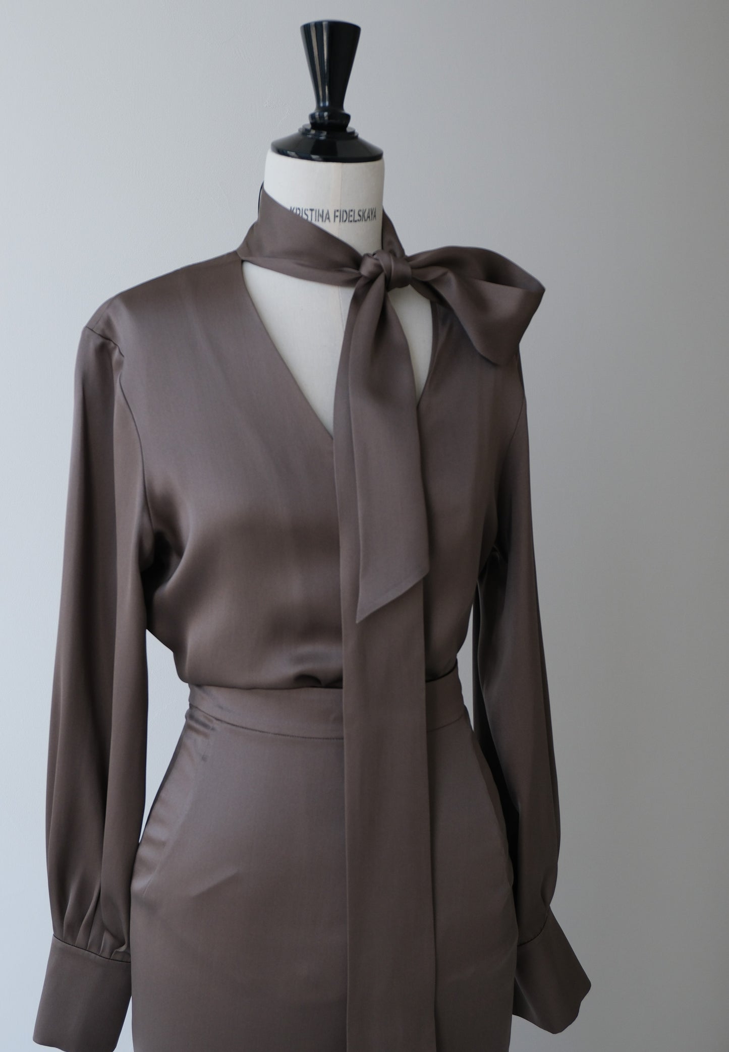 Her Silk Brown Bow-Neck Blouse