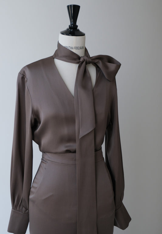 Her Silk Brown Bow-Neck Blouse