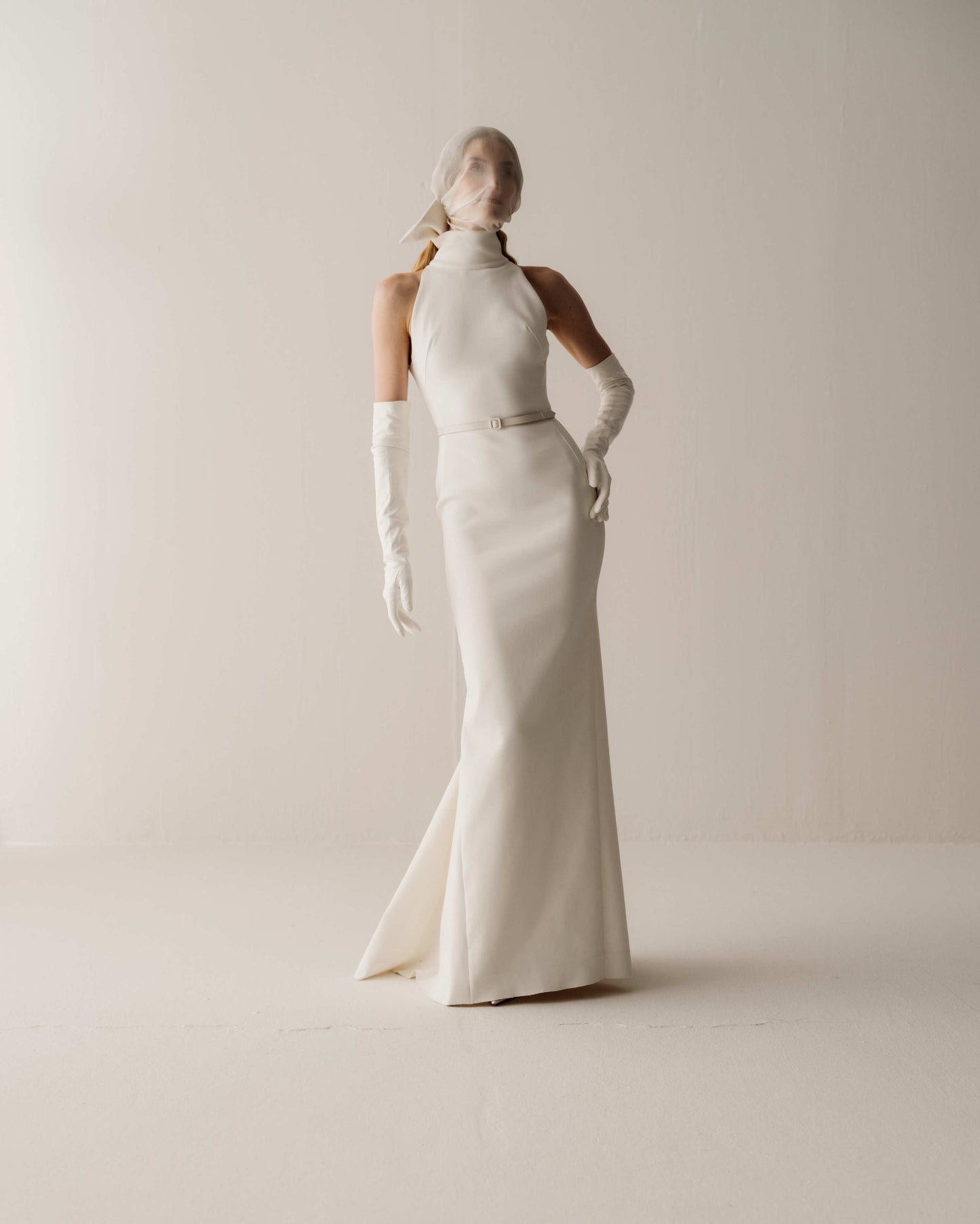 Her Halter Neckline Bow Tie Long White Dress