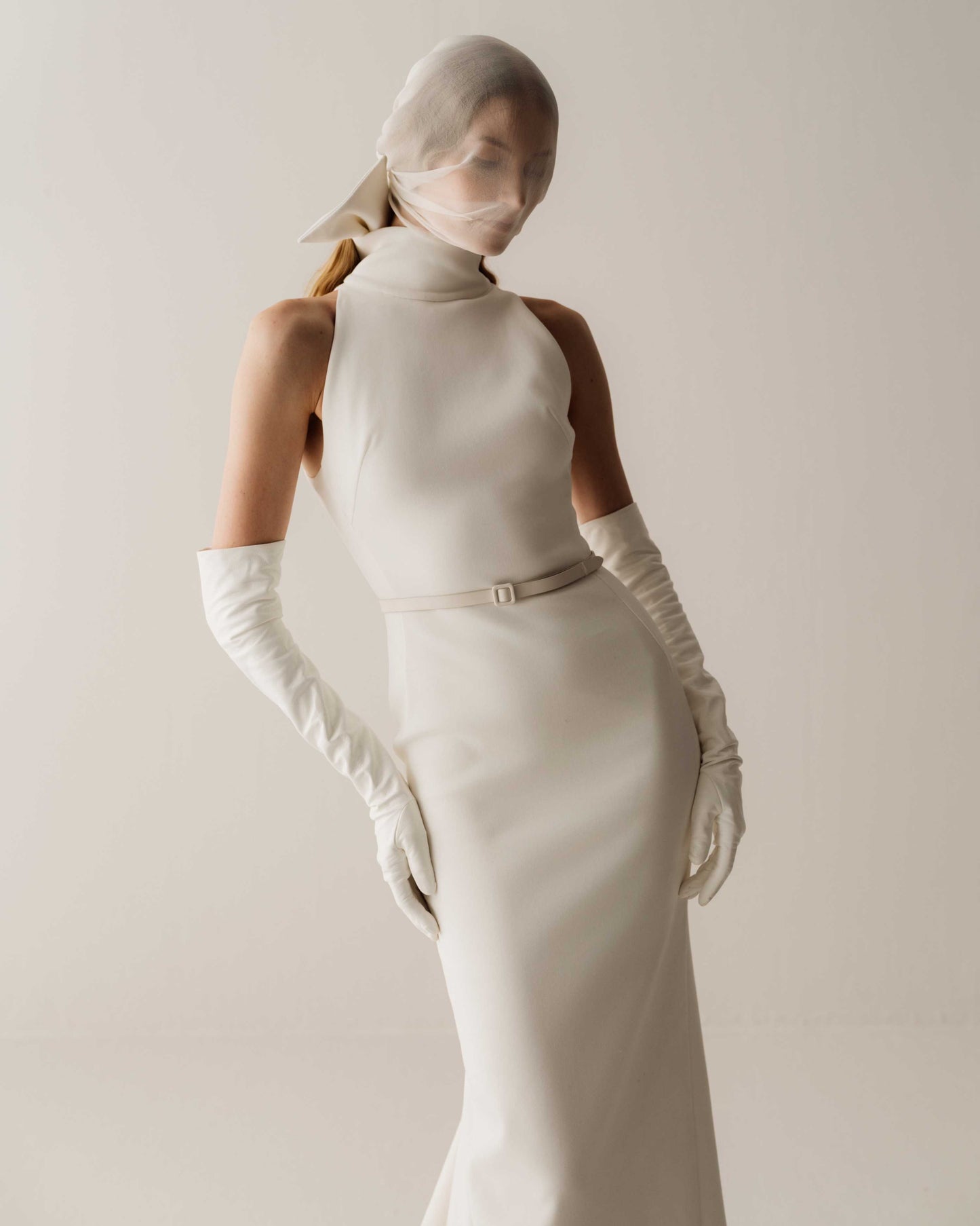 Her Halter Neckline Bow Tie Long White Dress