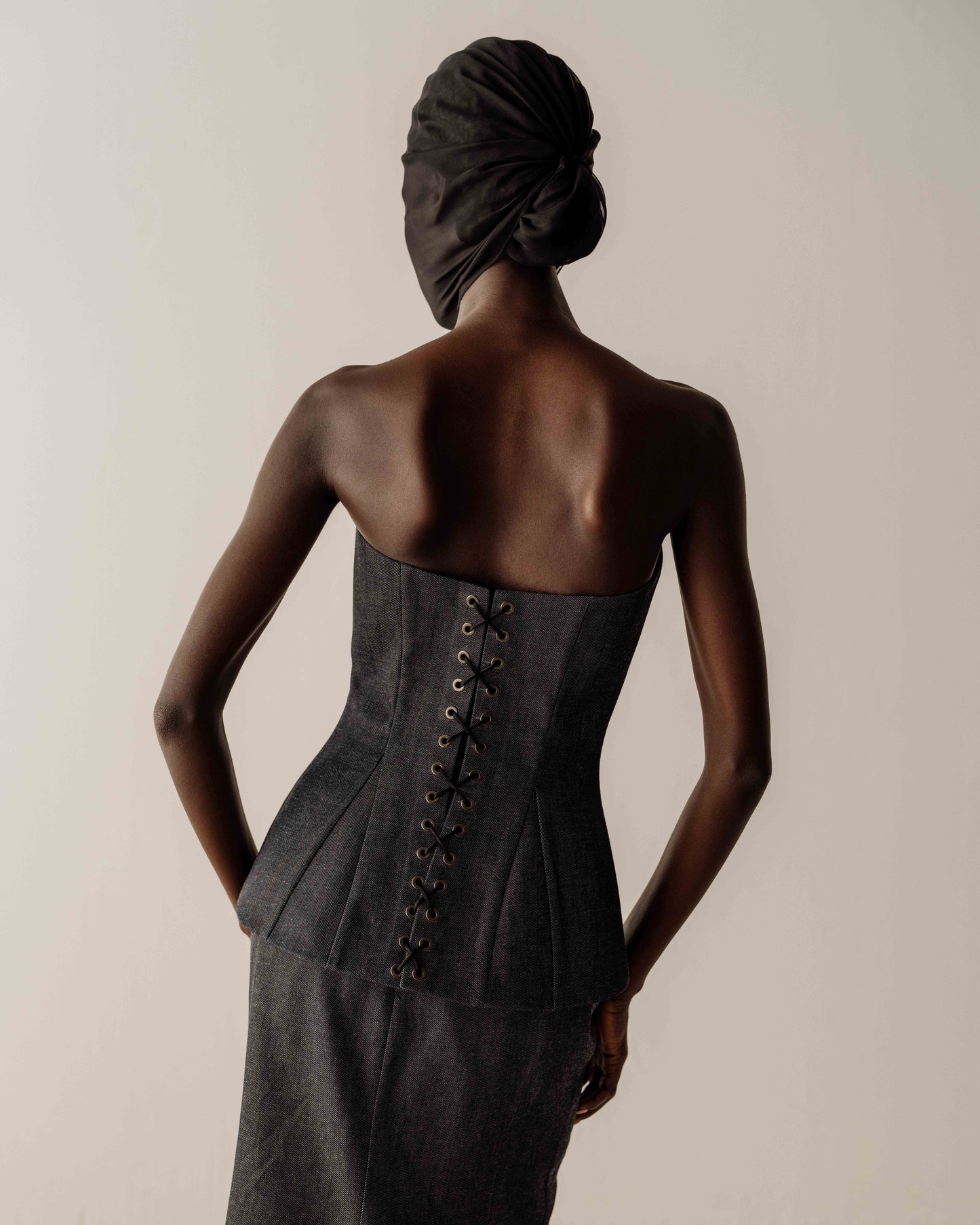 Her Tuxedo Denim Corset with Front Opening with Eyelets