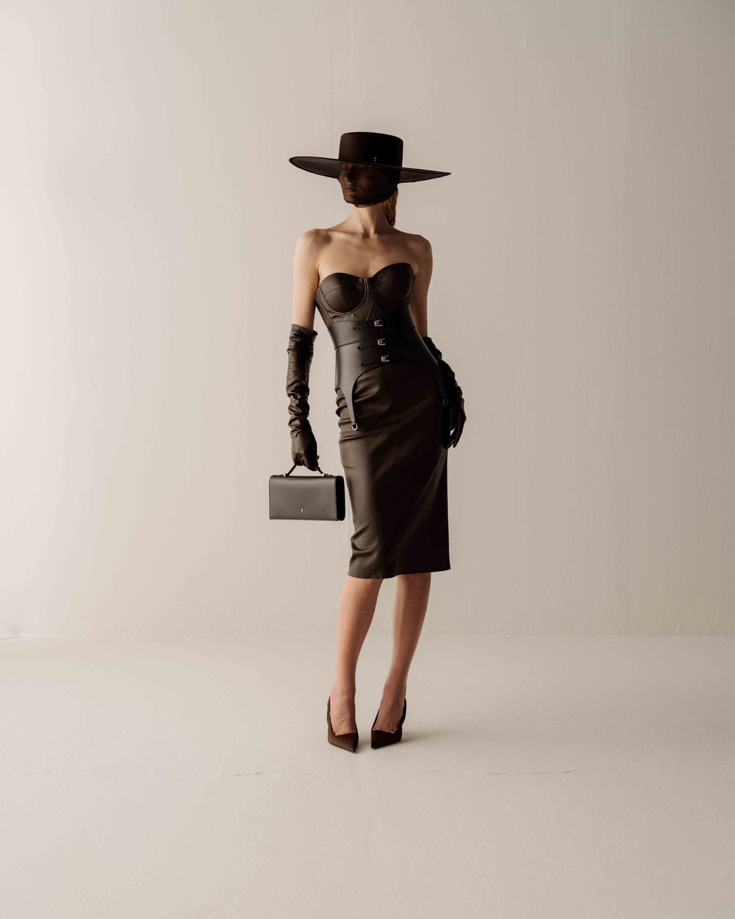 Her High-Waisted Leather Pencil Dark Brown Skirt