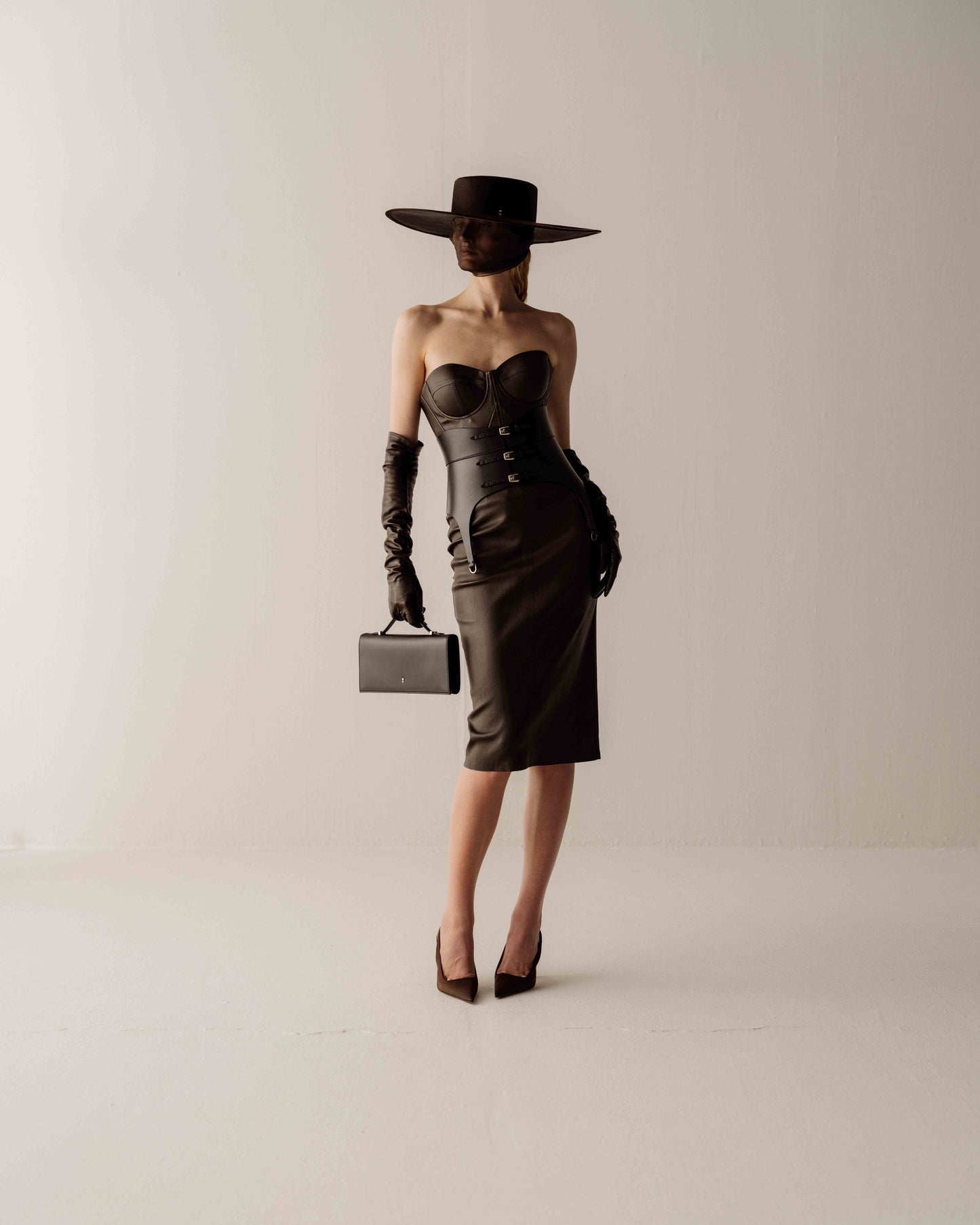 Her High-Waisted Leather Pencil Dark Brown Skirt