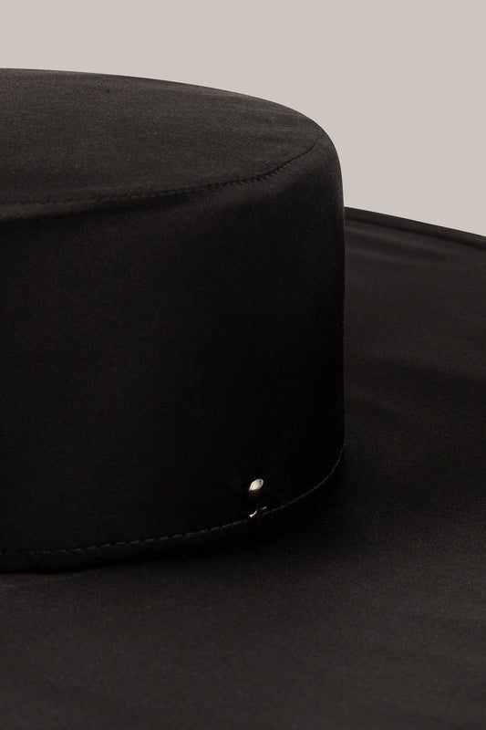 Her Black Satin Wide-Brim Hat