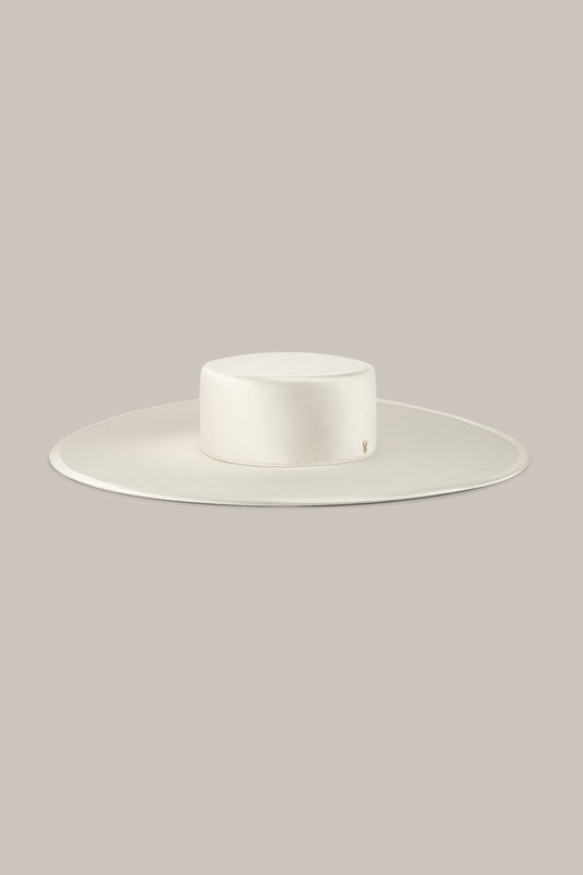 Her White Satin Wide-Brim Hat