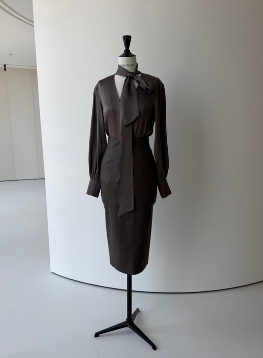 Her Silk Brown Bow-Neck Blouse