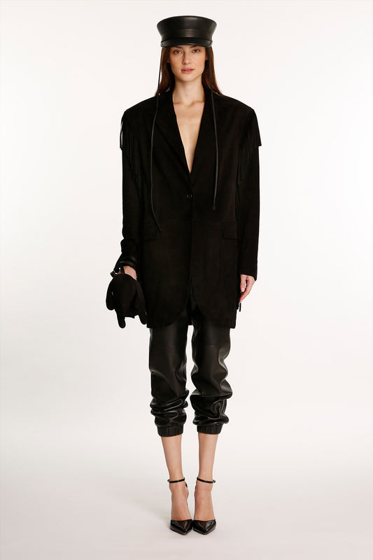 Her Suede Fringed Boyfriend Black Jacket