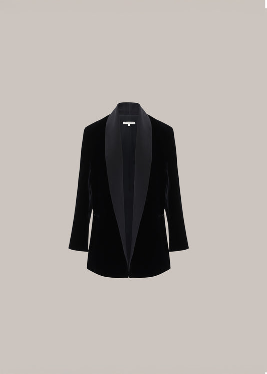 Her Velvet Double Breast Black Blazer With Silk Colar