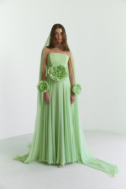  light green strapless gown with floral details 
