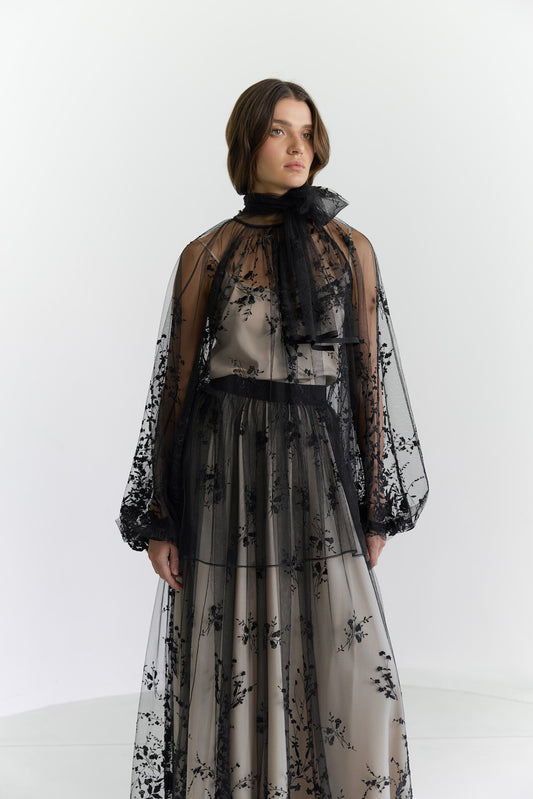 Her Embellished Black Bow-Neck Blouse