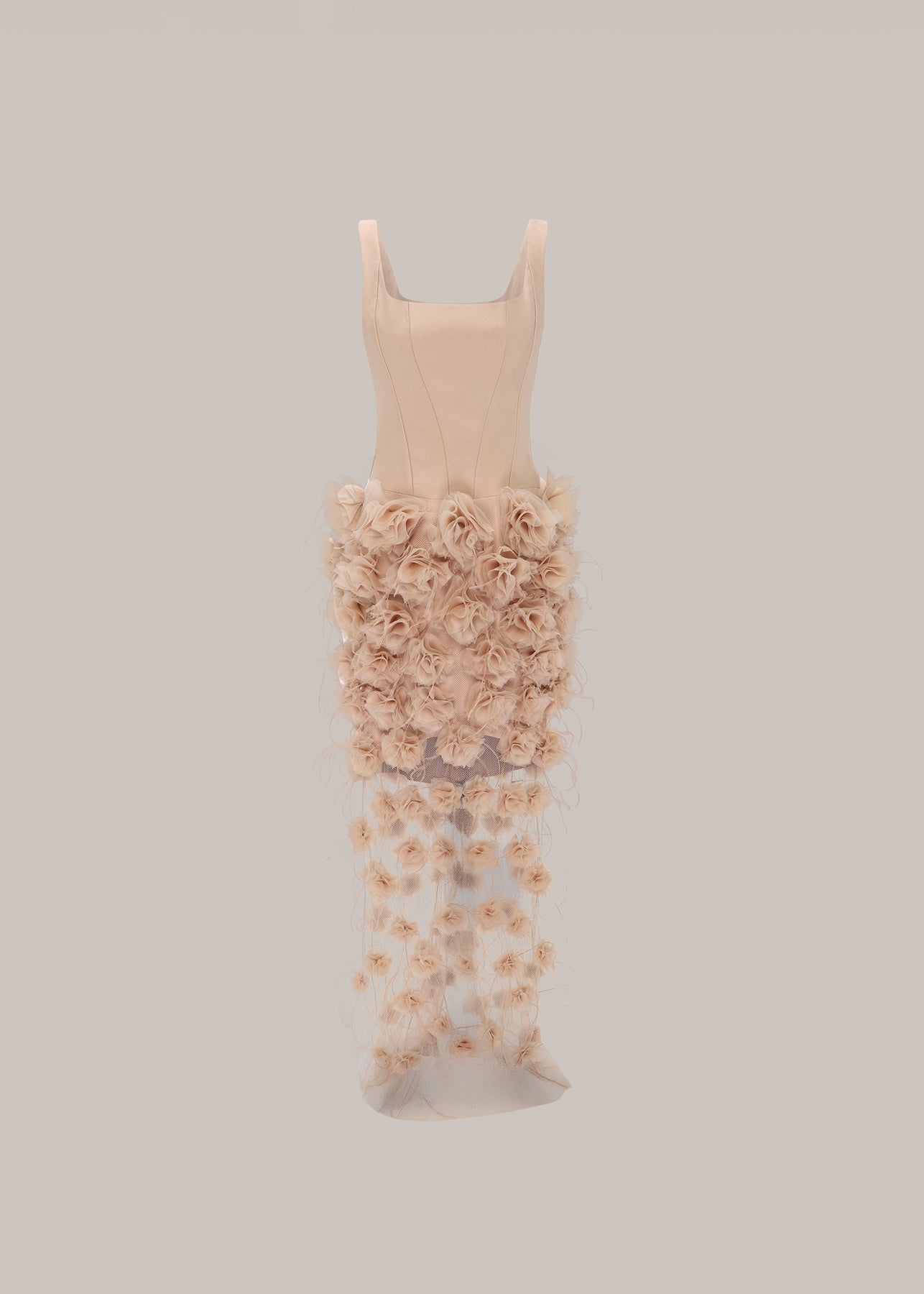Her Floral Applique Long Beige Dress