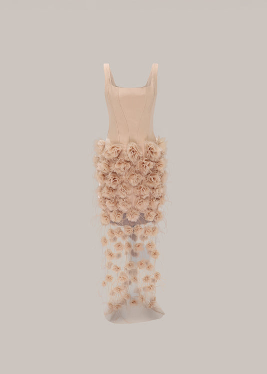 Her Floral Applique Long Beige Dress