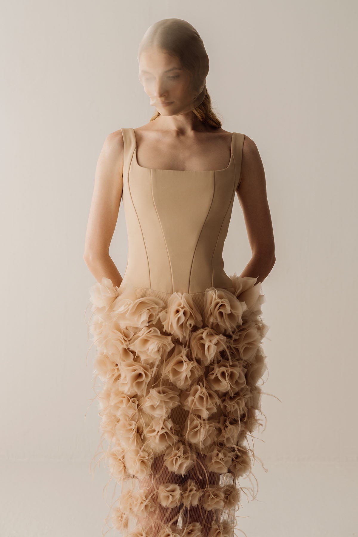 Her Floral Applique Long Beige Dress