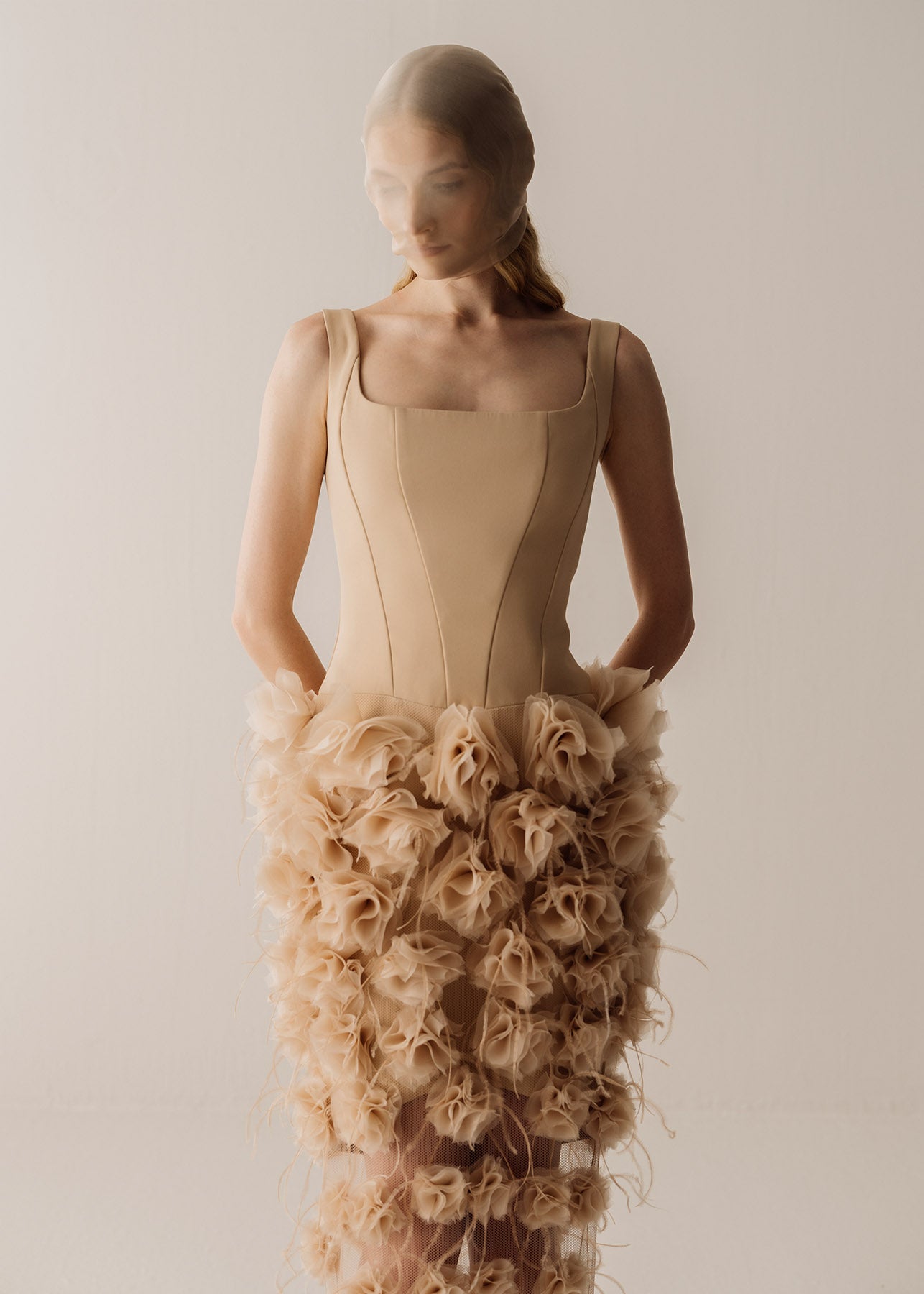 Her Floral Applique Long Beige Dress