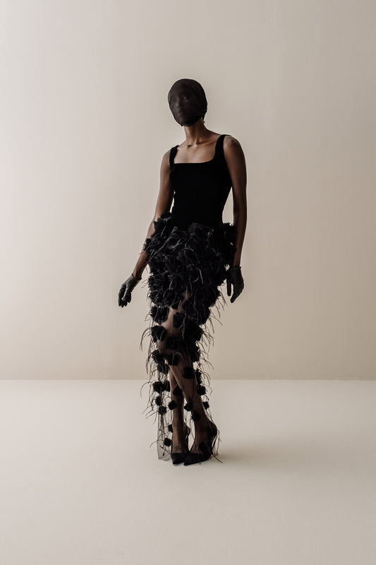 Her Floral Applique Long Black Dress