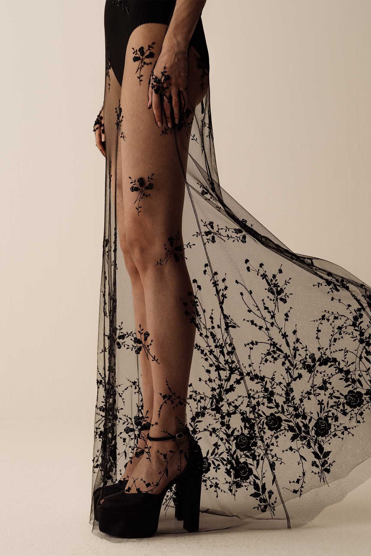 Her Embroidered Tulle Long Black Dress