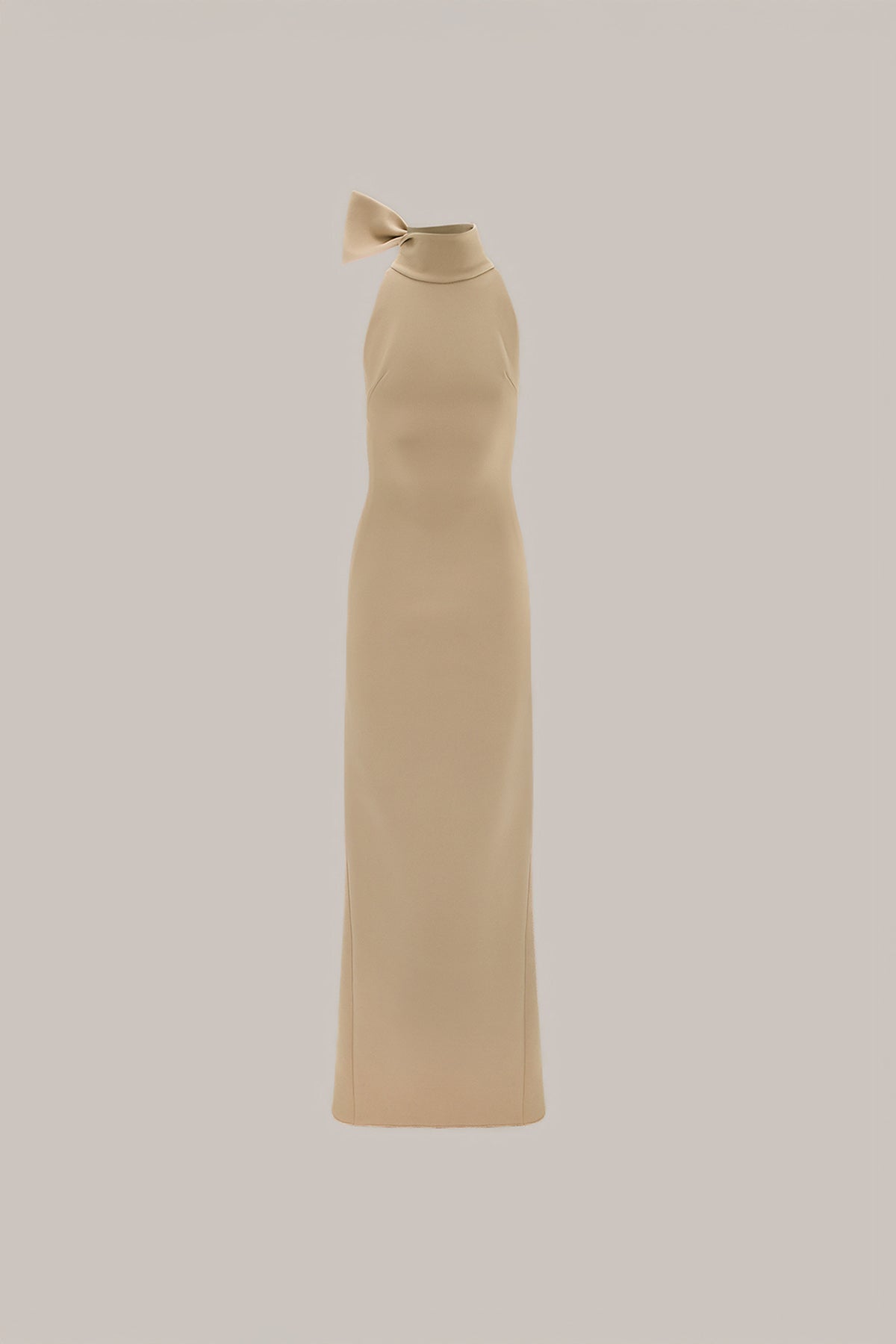 Her Halter Neckline Bow Tie Long Beige Dress
