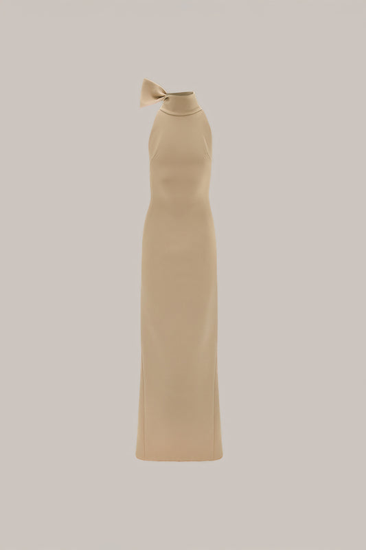 Her Halter Neckline Bow Tie Long Beige Dress