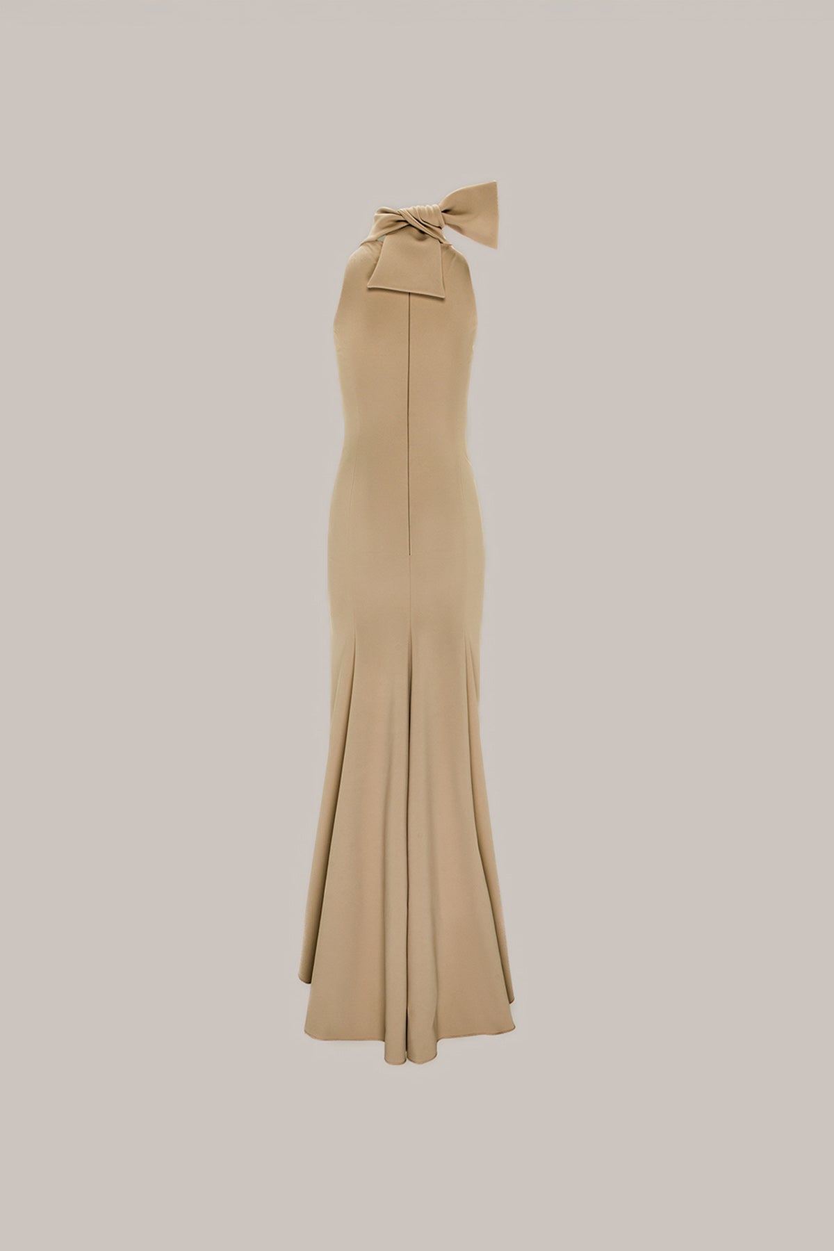 Her Halter Neckline Bow Tie Long Beige Dress