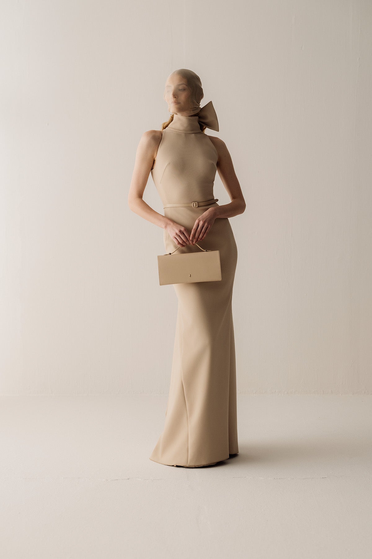 Her Halter Neckline Bow Tie Long Beige Dress