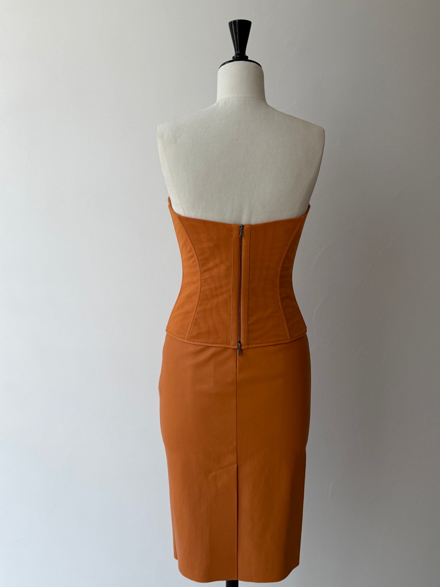 Her High-Waisted Leather Pencil Orange Skirt