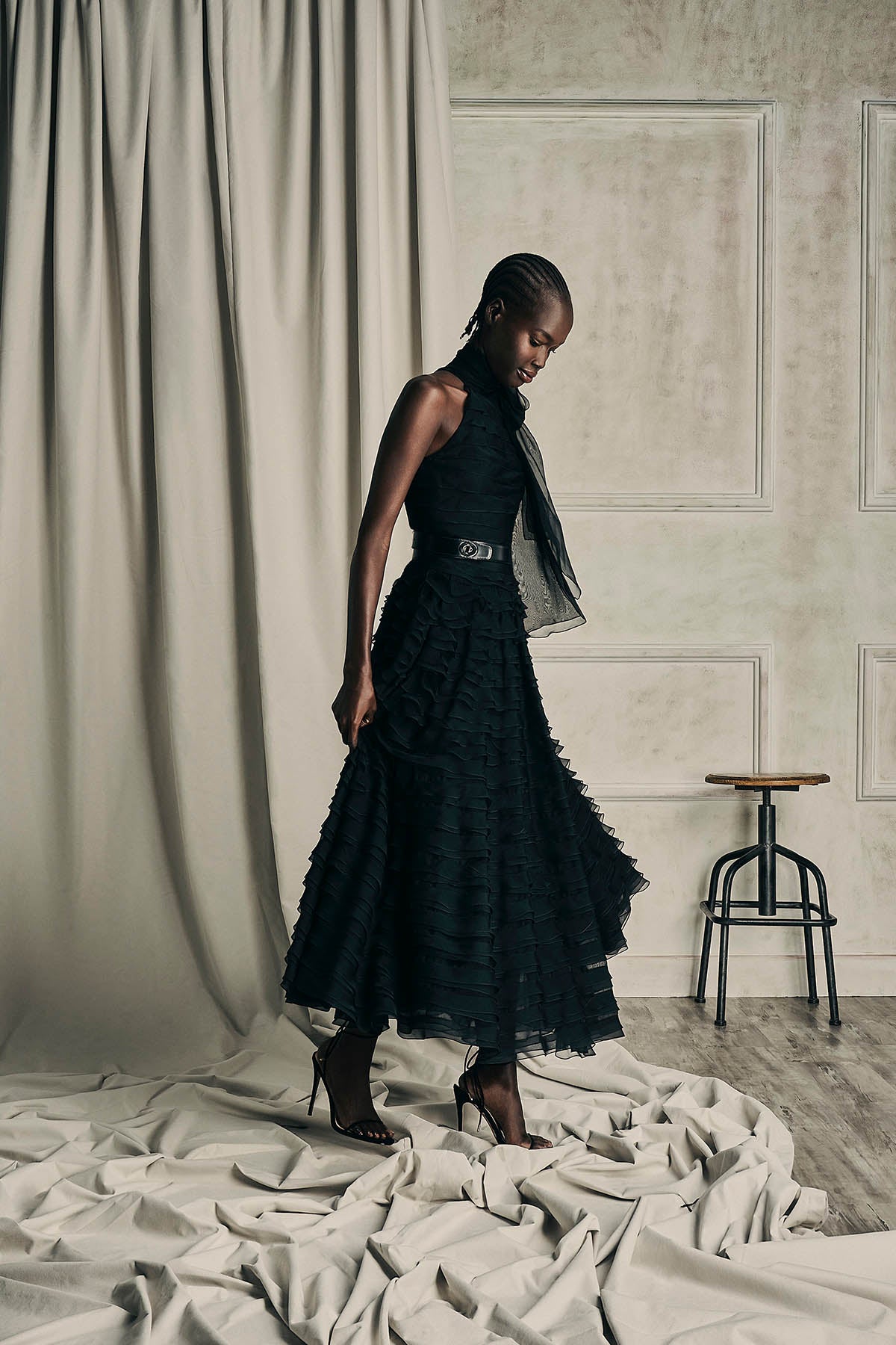 Her Chiffon Silk Midi Black Skirt