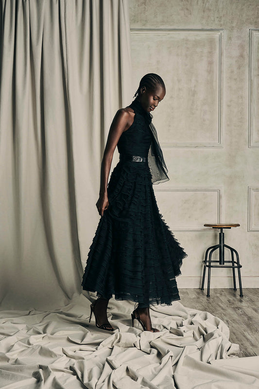 Her Chiffon Silk Midi Black Skirt