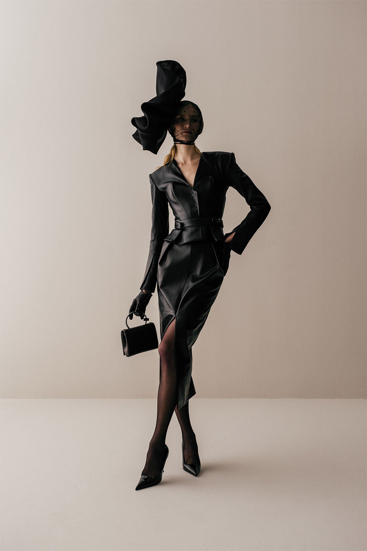 Her Leather Front Slit Midi Black Skirt