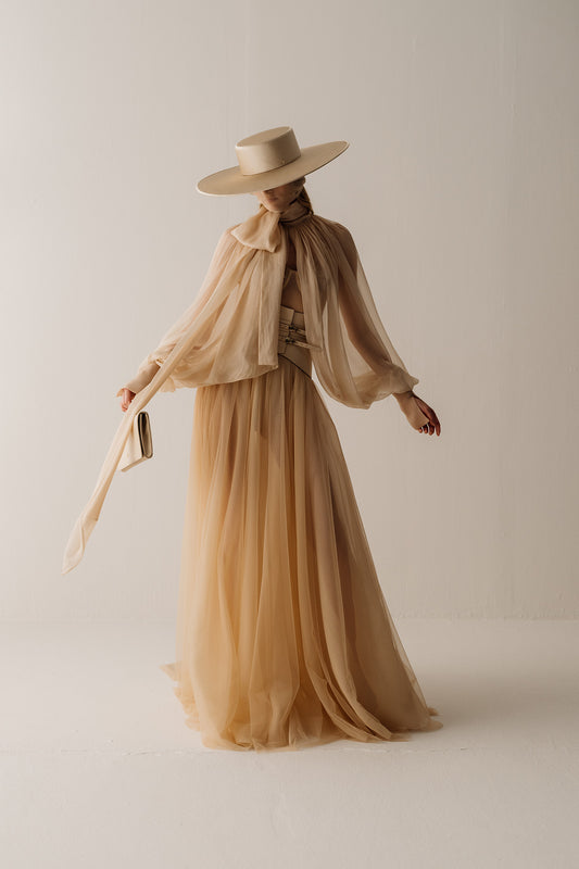 Her Full Long Layered  Beige Skirt