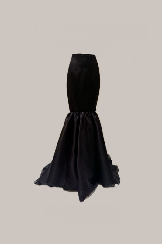 Her Long Gathered Black Skirt