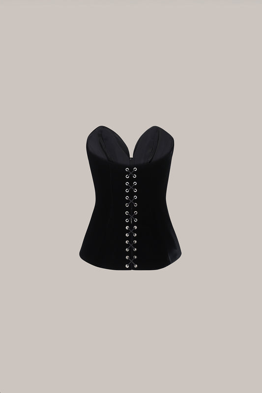 Her Tuxedo Corset with Front Opening Black Velvet Eyelets