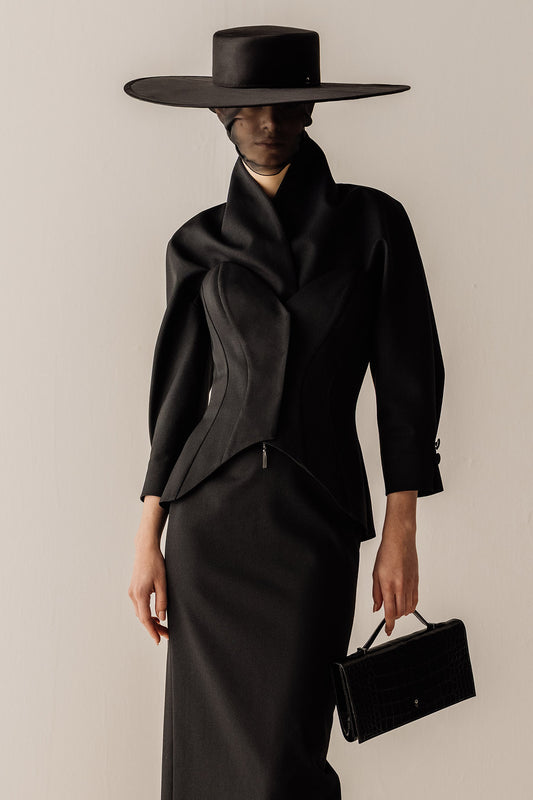 Her Tuxedo Corset with Front Opening Black Wool