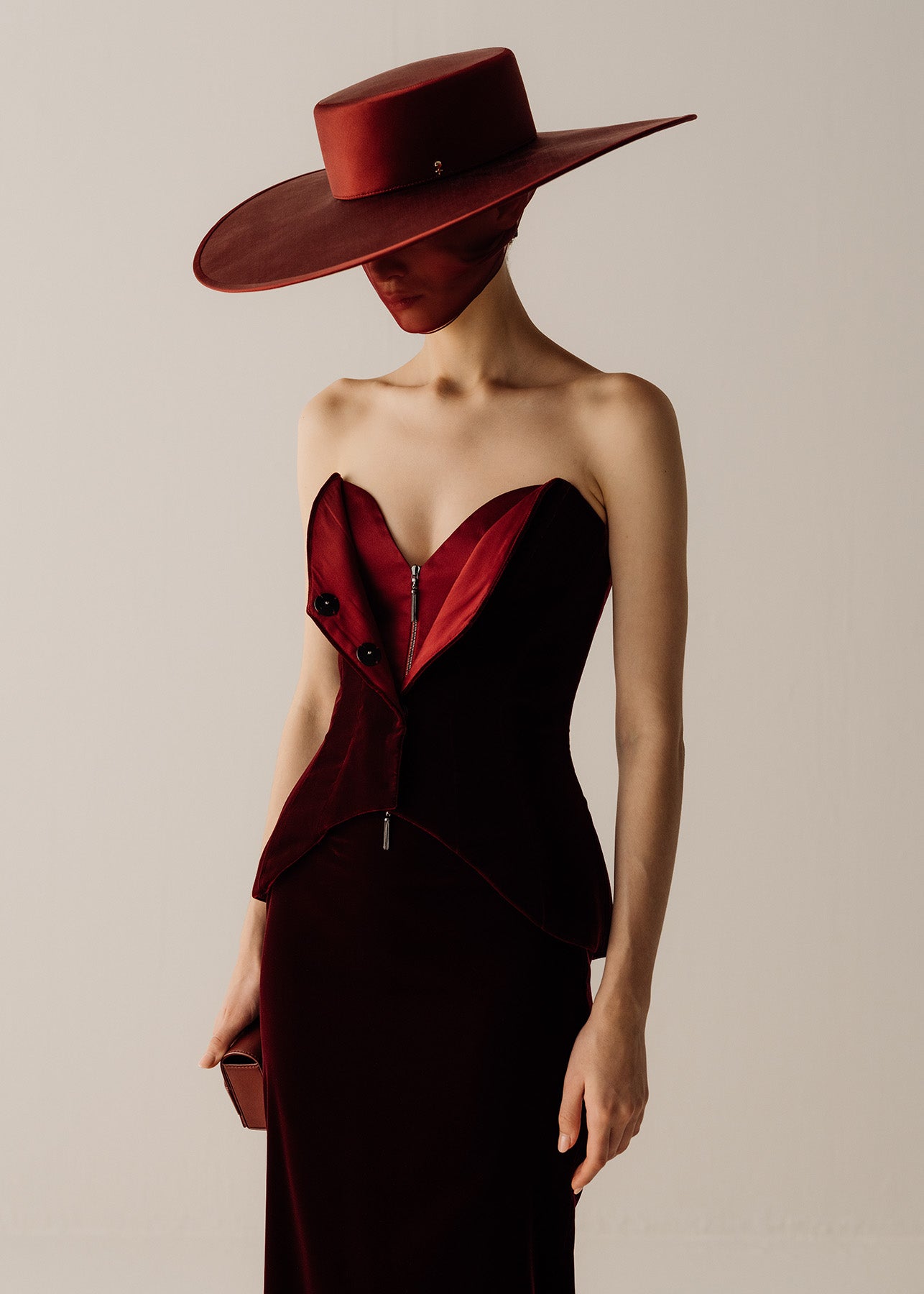 Her Tuxedo Corset with Front Opening Velvet Eyelets