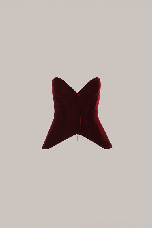 Her Tuxedo Burgundy Velvet Corset with Front Opening