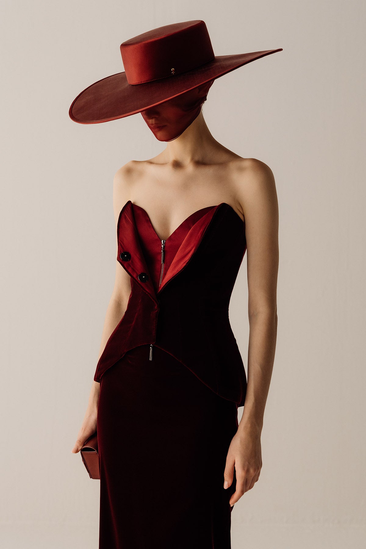 Her Tuxedo Burgundy Velvet Corset with Front Opening with Eyelets