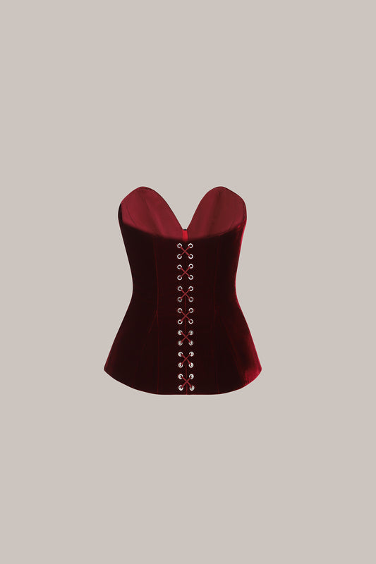 Her Tuxedo Burgundy Velvet Corset with Front Opening with Eyelets