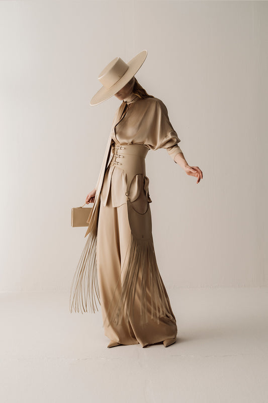 Her Bow-Neck Beige Blouse