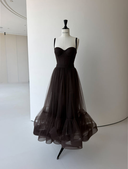 Her Evening Gathered Tulle Midi Brown Skirt