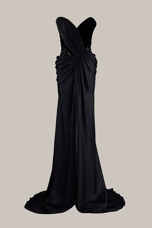 Her Black Draped Embellished Long Gown