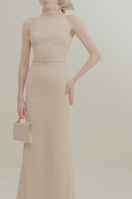 Her Halter Neckline Bow Tie Long Beige Dress