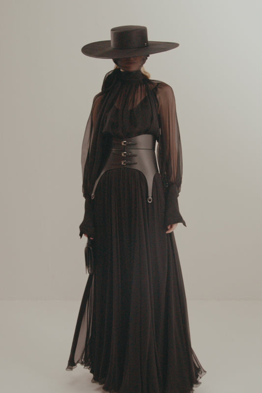 Her Gathered Bow Neck Black Blouse