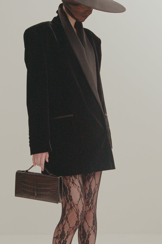 Her Velvet Double Breast Black Blazer With Silk Colar
