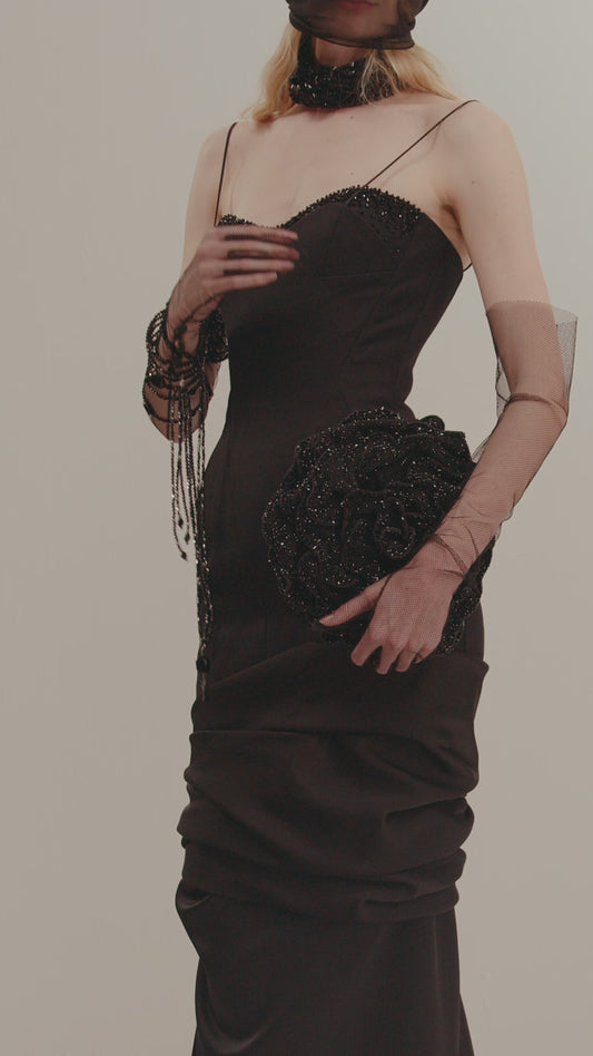 Her Draped Black Dress With Double Cups