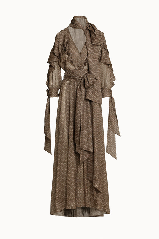 Brown Patterned Ruffle Dress